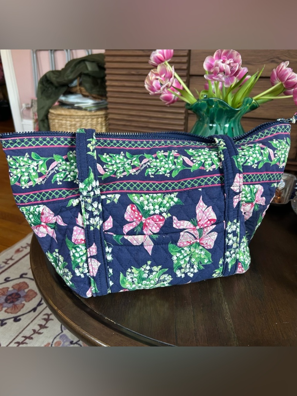 Vera Bradley Navy Quilted Floral Tote with Pink Bows